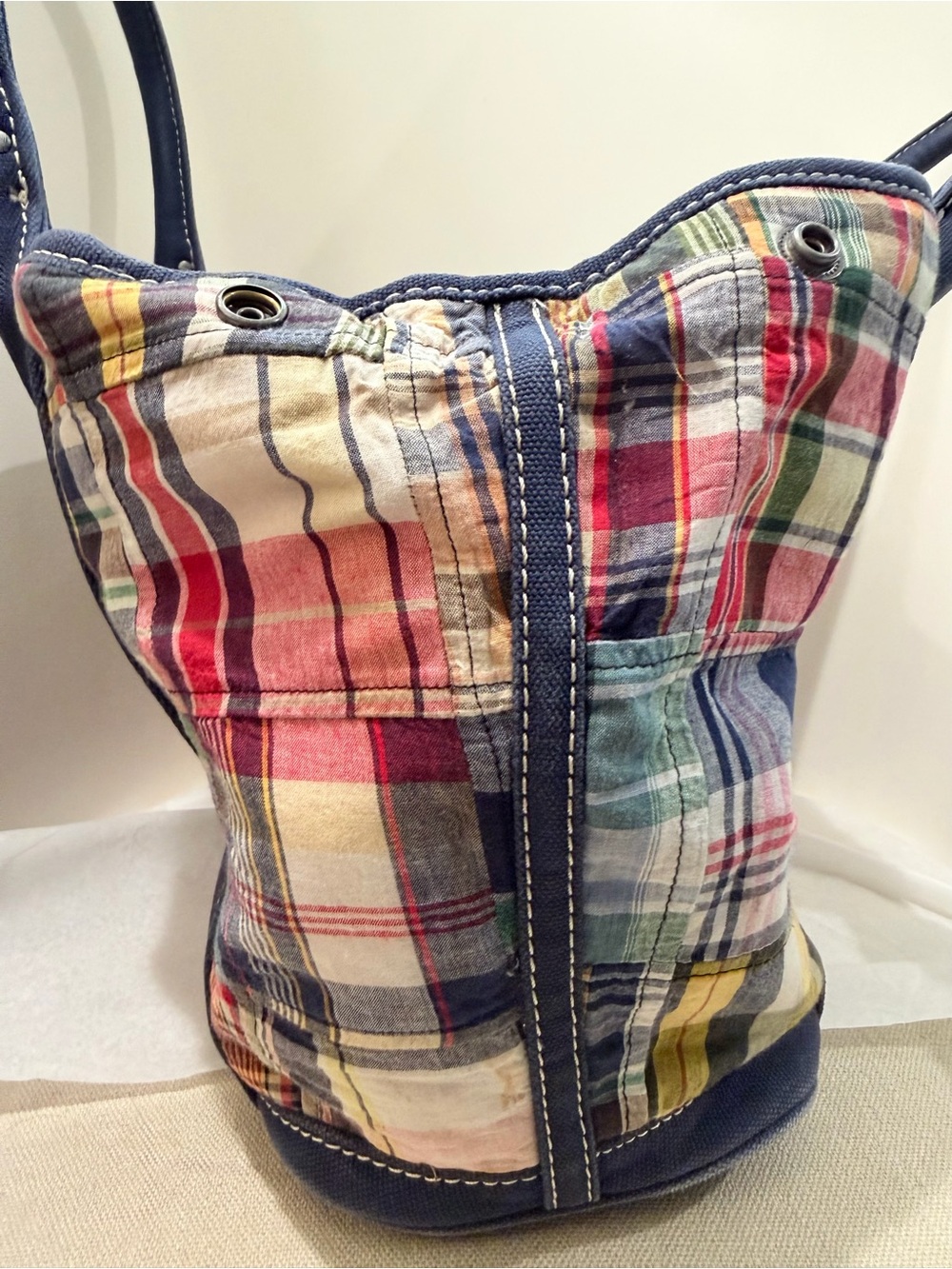 Madras Patchwork Plaid Vintage J.Crew Large Tote Bag Navy Canvas - Picture 10 of 16